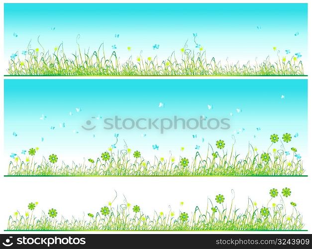 Grass green, summer background, flowers and butterflies