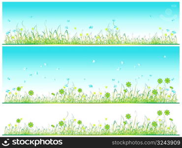 Grass green, summer background, flowers and butterflies