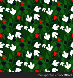 Grass leaves and wild berries seamless pattern , Fashion, interior, wrapping consept. Contemporary vector illustration on green background. Grass leaves and wild berries seamless pattern