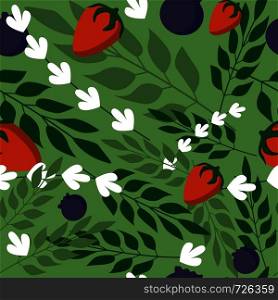 Grass leaves and wild berries seamless pattern , Fashion, interior, wrapping consept. Contemporary vector illustration on green background. Grass leaves and wild berries seamless pattern