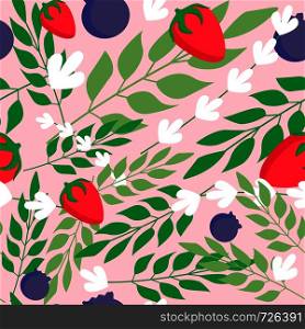Grass leaves and wild strawberry seamless pattern , Fashion, interior, wrapping consept. Contemporary vector illustration on pink background. Grass leaves and wild strawberry seamless pattern