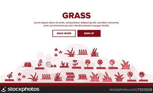 Grass Meadow Plant Landing Web Page Header Banner Template Vector. Garden Natural Glass With Mark Non-feet, No Animal, Growth Botanical Herb Illustrations. Grass Meadow Plant Landing Header Vector