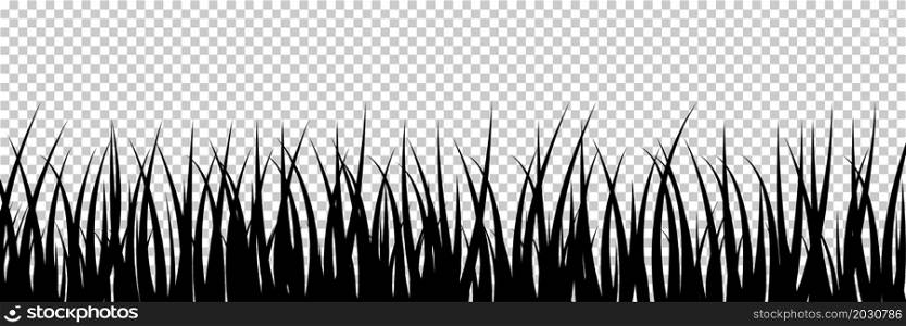 Grass silhouette. Landscape of meadow. Black grass with border. Plant on nature. Illustration for field, lawn and garden isolated on transparent background. Grassland in spring. Vector.