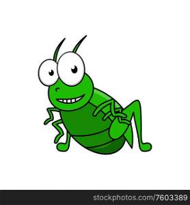 Grasshopper in cartoon style isolated green grig. Vector locust with long bend legs. Green cartoon grasshopper isolated insect