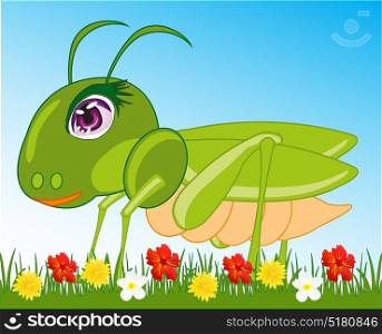 Grasshopper in herb. Cartoon of the green grasshopper in herb with flower