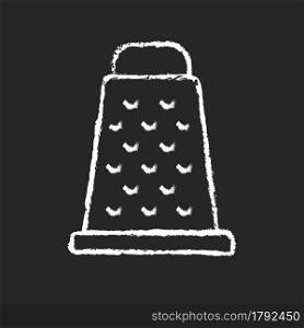 Grate for cooking chalk white icon on dark background. Household sharp cutter for vegetables and cheese. Cooking instruction. Food preparation process. Isolated vector chalkboard illustration on black. Grate for cooking chalk white icon on dark background