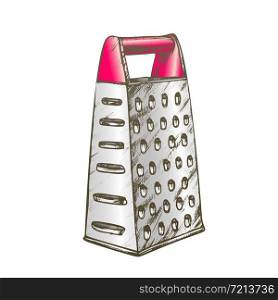 Grater Metallic Kitchenware Color Vector. Domestic Stainless Appliance Grater. Vegetable And Cheese Slicer Engraving Template Designed In Vintage Style Illustration. Grater Metallic Kitchenware Color Vector