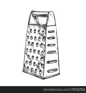 Grater Metallic Kitchenware Monochrome Vector. Domestic Stainless Appliance Grater. Vegetable And Cheese Slicer Engraving Template Designed In Vintage Style Black And White Illustration. Grater Metallic Kitchenware Monochrome Vector