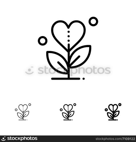 Gratitude, Grow, Growth, Heart, Love Bold and thin black line icon set