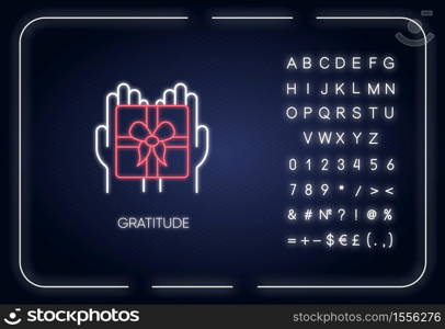 Gratitude neon light icon. Outer glowing effect. Thankfulness, sign of appreciation, feeling grateful. Sign with alphabet, numbers and symbols. Present, gift vector isolated RGB color illustration. Gratitude neon light icon