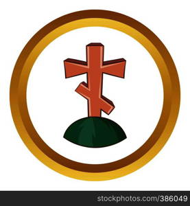 Grave cross vector icon in golden circle, cartoon style isolated on white background. Grave cross vector icon