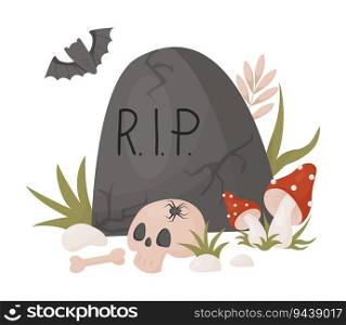 Grave headstone with skull, bones, fly agaric mushrooms and bat. Vector illustration in cartoon style. Creepy graveyard stone headstone and death