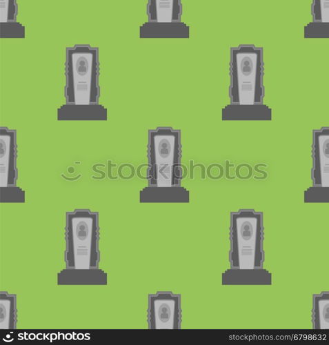 Gravestone Seamless Pattern on Green Background. Grey Stone Monuments on Halloween Cemetery. Grave Template.. Gravestone Seamless Pattern. Grey Stone Monuments