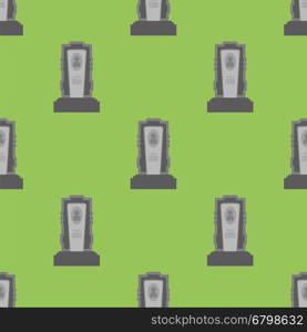 Gravestone Seamless Pattern on Green Background. Grey Stone Monuments on Halloween Cemetery. Grave Template.. Gravestone Seamless Pattern. Grey Stone Monuments