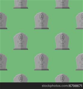 Gravestone Seamless Pattern on Green Background. Grey Stone Monuments on Halloween Cemetery. Grave Template.. Gravestone Seamless Pattern. Grey Stone Monuments