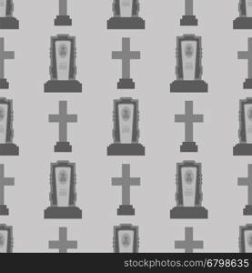 Gravestone Seamless Pattern on Grey Background. Granitic Stone Monuments on Halloween Cemetery. Grave Template.. Gravestone Seamless Pattern. Stone Monuments