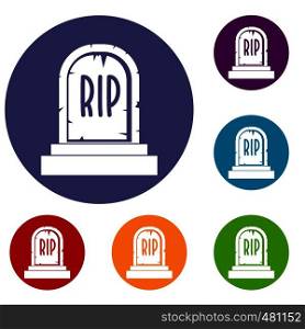Gravestone with RIP text icons set in flat circle red, blue and green color for web. Gravestone with RIP text icons set