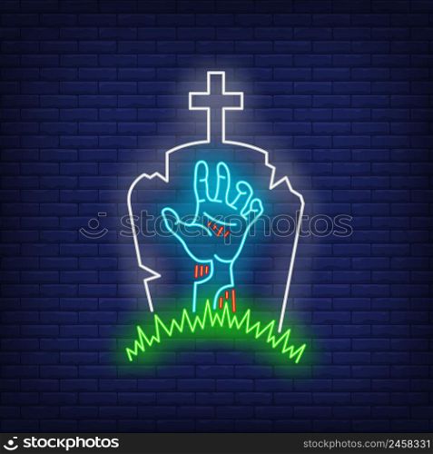 Graveyard with gravestone and zombie hand neon sign. Halloween, monster, horror design. Night bright neon sign, colorful billboard, light banner. Vector illustration in neon style.