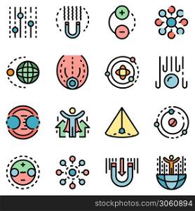 Gravity icons set. Outline set of gravity vector icons thin line color flat on white. Gravity icons set vector flat