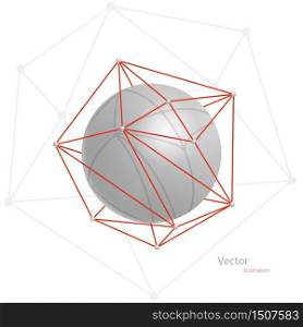 Gray abstract volumetric sphere in a red polygonal grid on a white background. Lowpoly geometric shape. Vector illustration