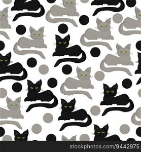Gray and black cats and dots seamless pattern, a pair of cats on a white background