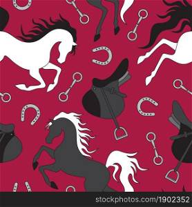 Gray and white horse, saddle and horseshoe silhouette seamless pattern. Vector illustration.