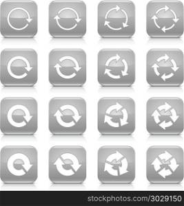 Gray arrow rotation sign square icon web button. 16 arrow reload, rotation icon set 04. White sign on gray rounded square button with gray reflection, black shadow on white background. Glossy style. Vector illustration web design element in 8 eps