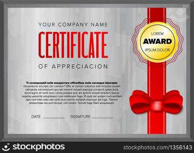 Gray background certificate design with red ribbon and bow. Certificate design with gray background