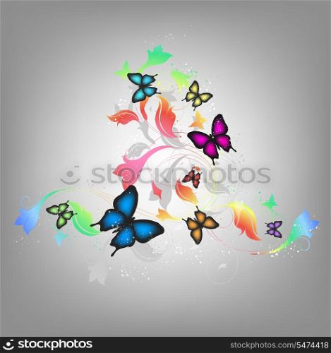 Gray Background With Butterflies And Floral Ornate