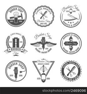 Gray barber emblem or label set with different shapes and hairdressing tools vector illustration. Barber Emblem Or Label Set