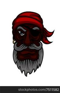 Gray bearded old pirate character in red bandanna and leather eye patch. Marine adventures, travel or piracy themes design. Old cartoon pirate with eye patch