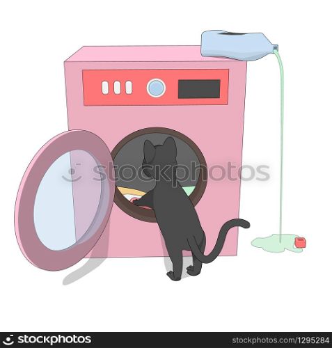 Gray cat and a pink washing machine. Cartoon cat helps with washing.