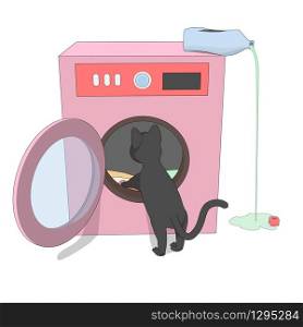 Gray cat and a pink washing machine. Cartoon cat helps with washing.