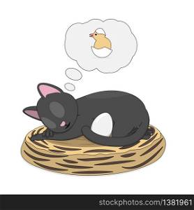 Gray cat is hatching an egg. Cartoon cat is in a nest with an egg and is waiting for a chicken.