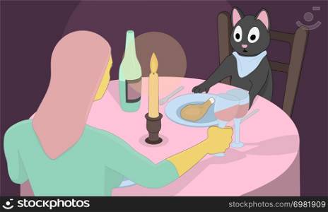 Gray cat is having dinner with a lonely woman. A strong and independent woman with pink hair drinks wine with a cat.