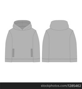 Gray children&rsquo;s hoodie isolated on white background. Technical sketch hoody kids clothes. Vector fashion illustration.. Gray children&rsquo;s hoodie isolated on white background. Technical sketch hoody kids clothes.