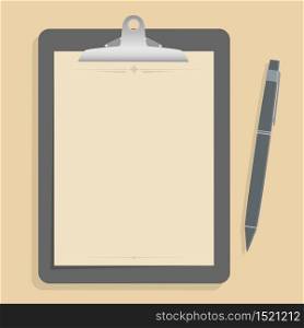 Gray clipboard with blank brown paper. with pen put alongside. vector illustration