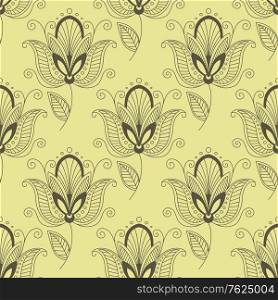 Gray colored seamless floral pattern with Persian paisley flowers for wallpaper, tiled and fabric design isolated over yellow background