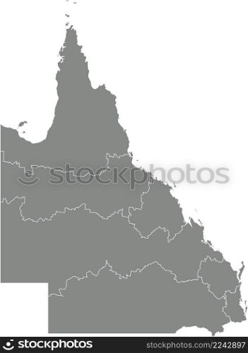 Gray flat blank vector administrative map of regions of the Australian state of QUEENSLAND, AUSTRALIA with white border lines of its regions