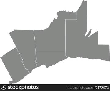 Gray flat blank vector administrative map of the municipalities of GREATER TORONTO AREA, ONTARIO, CANADA with white border lines of its regions