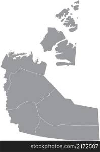 Gray flat blank vector administrative map of the regions of Canadian territory of NORTHWEST TERRITORIES, CANADA with white border lines of its regions
