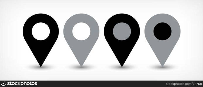 Gray flat map pin sign location icon with shadow. Map pin sign location icon with gray shadow in flat simple style. Four variants in two color black and gray rounded shapes isolated on white background. Vector illustration web design element 8 EPS