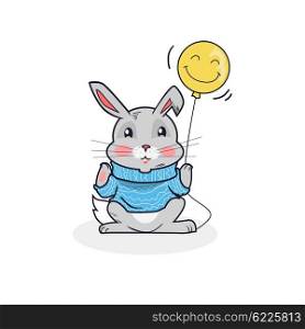 Gray hare with balloon isolated. Cute gray bunny in woolen sweater holding a paw balloon isolated on white background, animal fluffy easter rabbit in a warm blue clothes. Vector illustration
