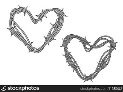 Gray heart shapes made from metal barbed wire with sharp spines isolated on white background for love and relationship concept