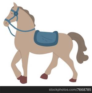 Gray horse with seat isolated cartoon animal in flat style. Vector equestrian sport stallion, side view of man with bridle headgear used to control animal. Gray Horse with Seat Isolated Cartoon Animal Pet