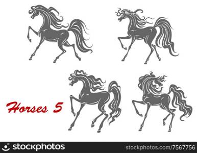 Gray horses in different expressions with editable text area on left side isolated on white background. For equestrian sports or tattoo design