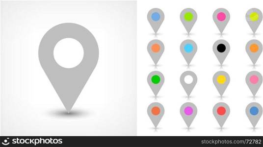Gray map pin sign icon with drop shadow. Map pin sign location icon with drop shadow in flat style. Gray and black, blue, cobalt, yellow, green, red, magenta, orange, pink, violet, purple, gray, brown shapes on white background Vector 8 EPS