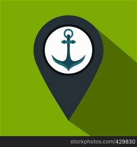 Gray map pointer with anchor symbol icon. Flat illustration of gray map pointer with anchor symbol vector icon for web isolated on lime background. Gray map pointer with anchor symbol icon