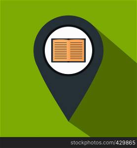 Gray map pointer with book icon. Flat illustration of gray map pointer with book vector icon for web isolated on lime background. Gray map pointer with book icon, flat style