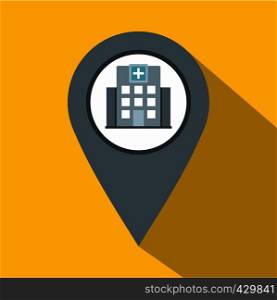 Gray map pointer with symbol hospital or medicine icon. Flat illustration of gray map pointer with symbol hospital or medicine vector icon for web isolated on yellow background. Gray map pointer with symbol hospital icon